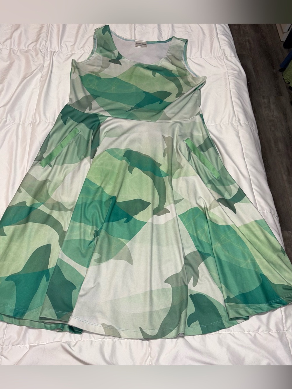 CowCow Green Dolphin Ocean Print Sleeveless Swing Dress Size XL